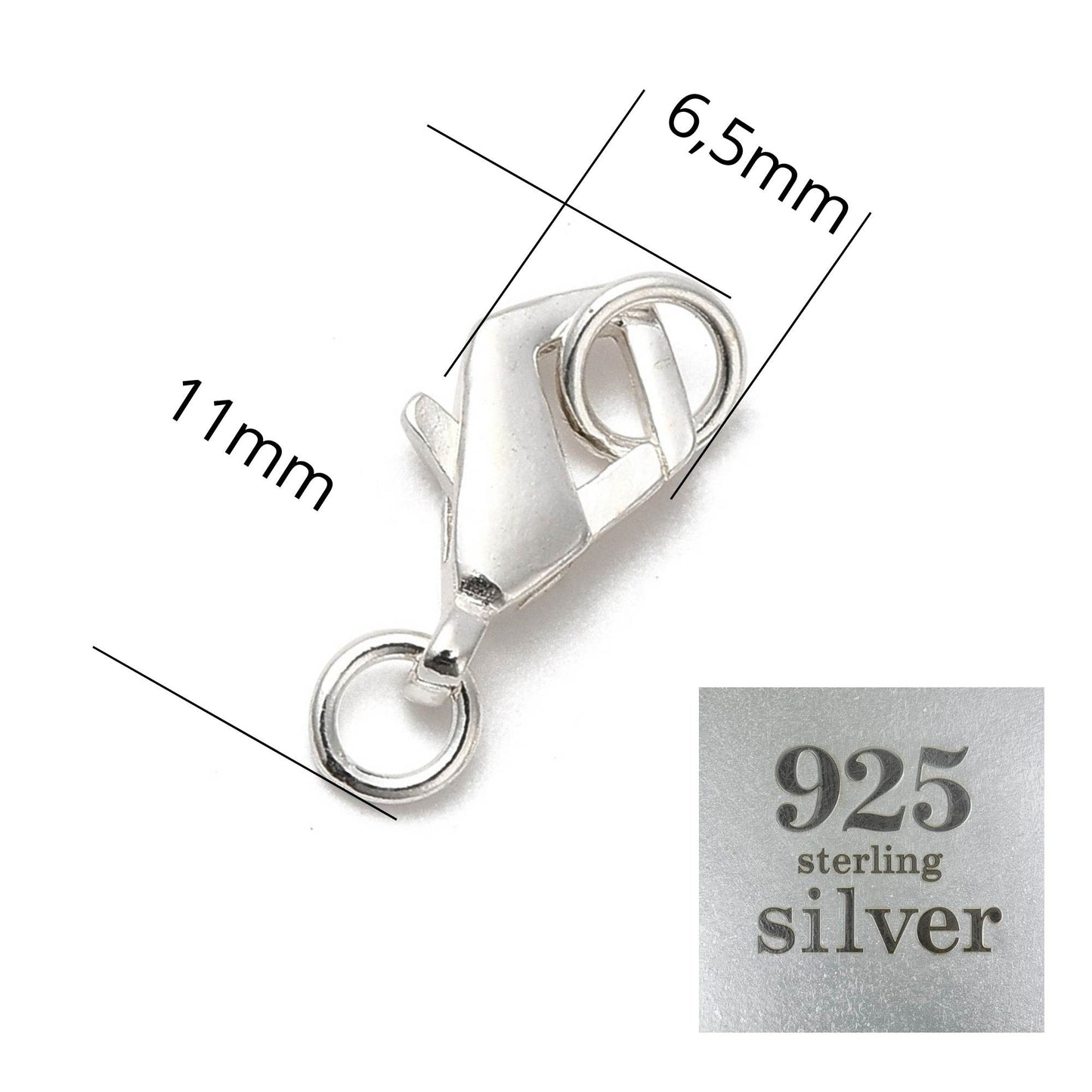 Cierre Mosquetón en Plata de Ley 925 con Anillas – 11 mm