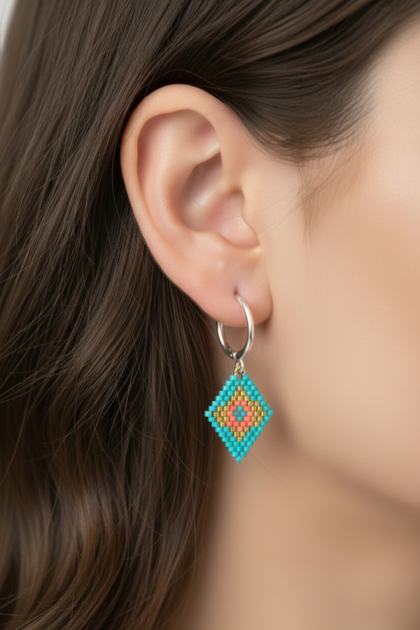 Pendiente aro fino de plata con charm Miyuki en oreja de mujer madura