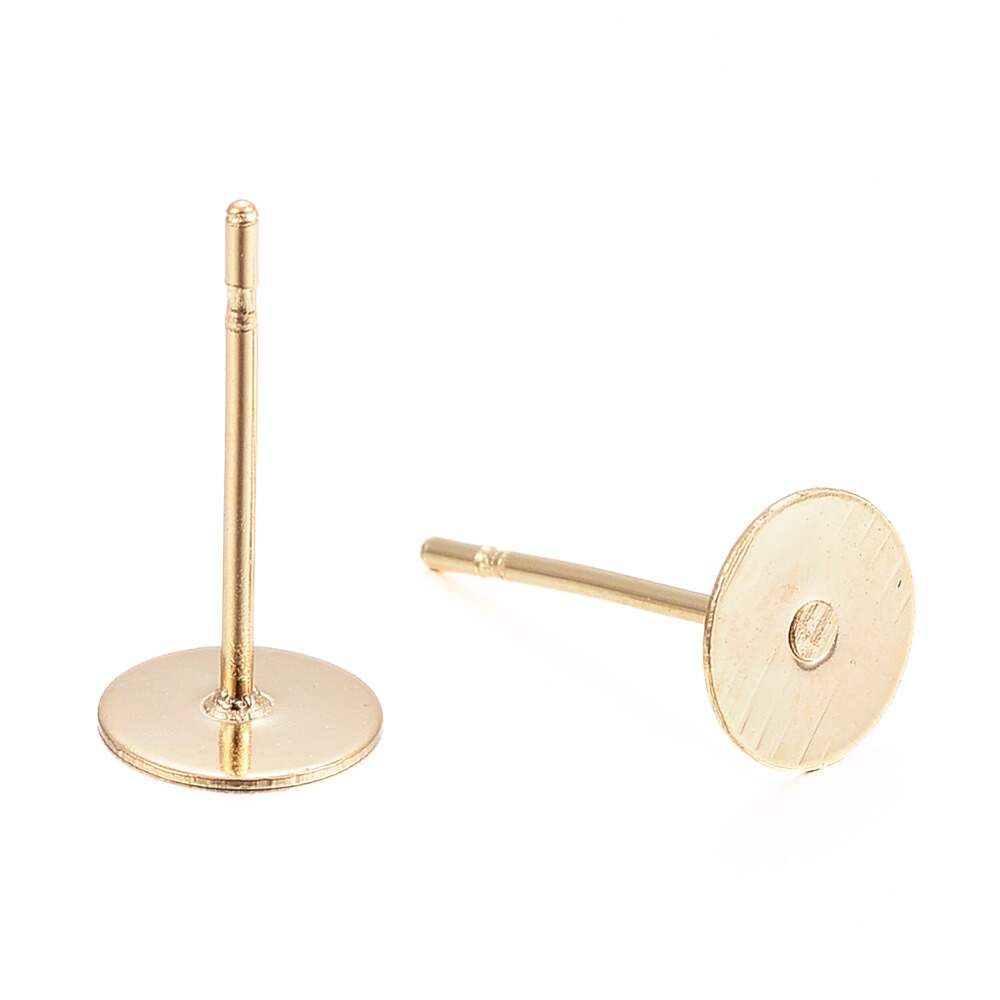 2 x Pendientes Acero Inoxidable Dorado base plana 6mm chapado oro real 24K