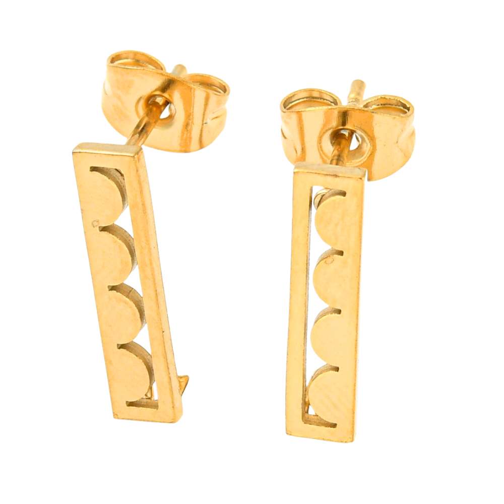 Base para pendientes dorada de acero inoxidable 304 con aro vertical y forma rectangular, ideal para crear joyas artesanales.