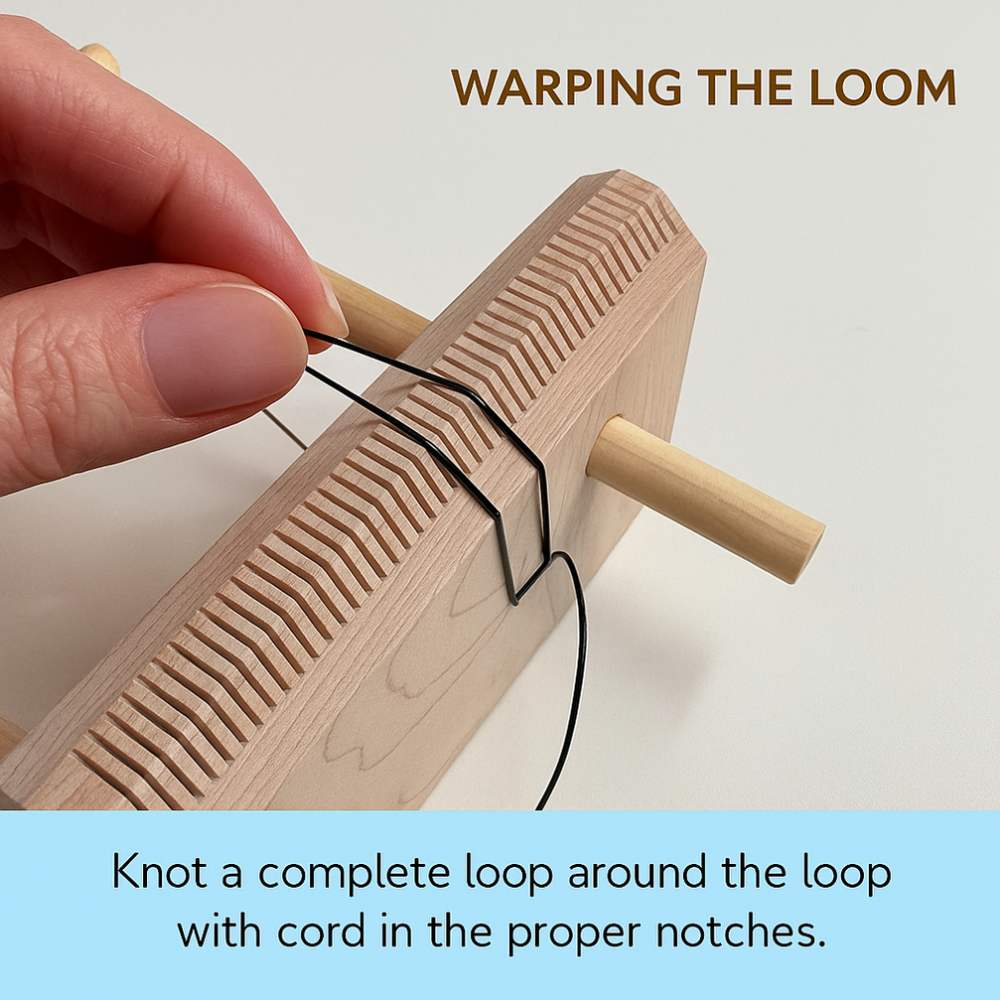 Mano colocando el hilo en las muescas de un telar de madera Ojibwa